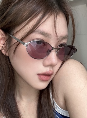 复古金属框老钱风紫色猫眼墨镜