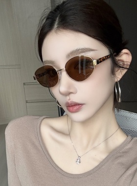 复古老钱风椭圆形金边茶色豹纹腿Y2K墨镜女方圆脸显瘦欧美太阳镜