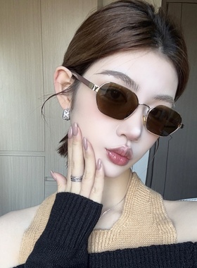 复古欧美金属多边形茶色高级网感墨镜女方圆脸显瘦2025新款太阳镜
