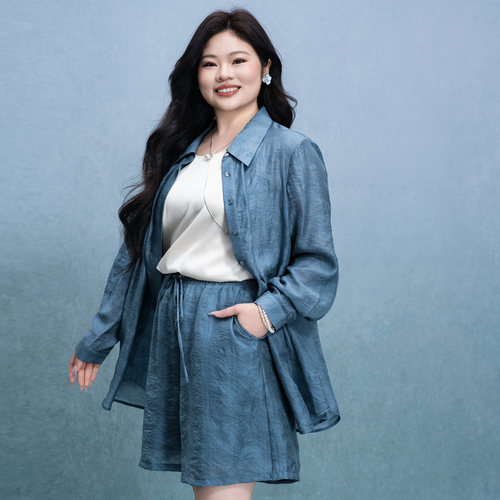美丽客栈原创高端大码女装加肥加大特大天丝提花短裤套装裤子热裤 - 图0