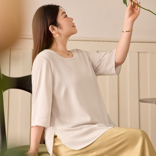 美丽客栈高端大码醋酸缎面圆领T恤女宽松百搭显瘦气质上衣高级感 - 图0