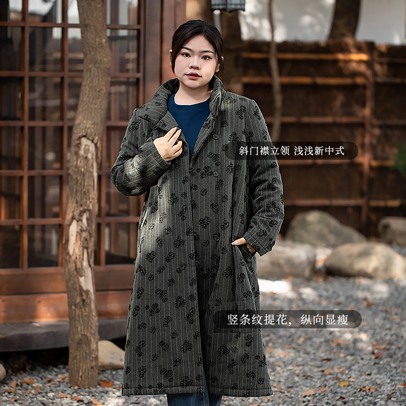 美丽客栈玫瑰与诗中长款棉服女冬季大码胖MM复古新中式显瘦棉大衣 - 图2