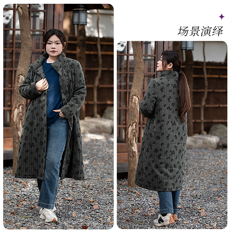 美丽客栈玫瑰与诗中长款棉服女冬季大码胖MM复古新中式显瘦棉大衣 - 图1