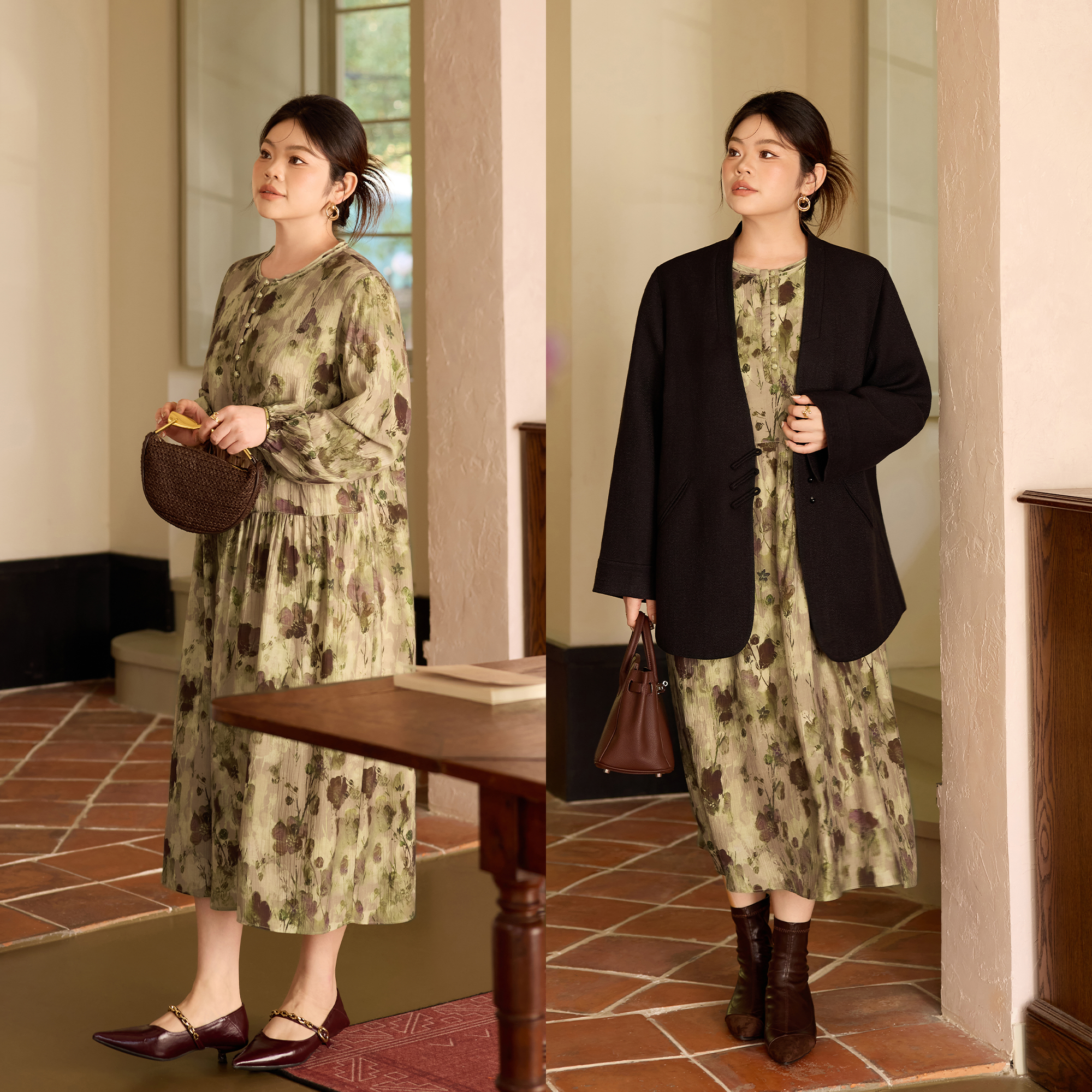 美丽客栈高端大码女装裙子适合200斤胖mm印花质感复古优雅连衣裙,淘宝优惠券,粉丝福利购,淘宝优惠卷