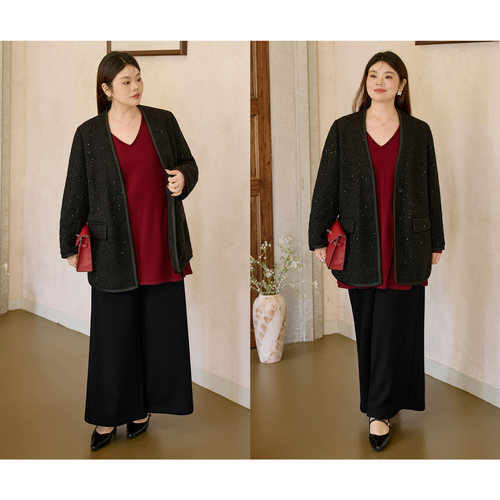 美丽客栈大码女装阔腿裤冬加肥加大胖mm高腰显瘦加绒黑色羊毛裤子 - 图1