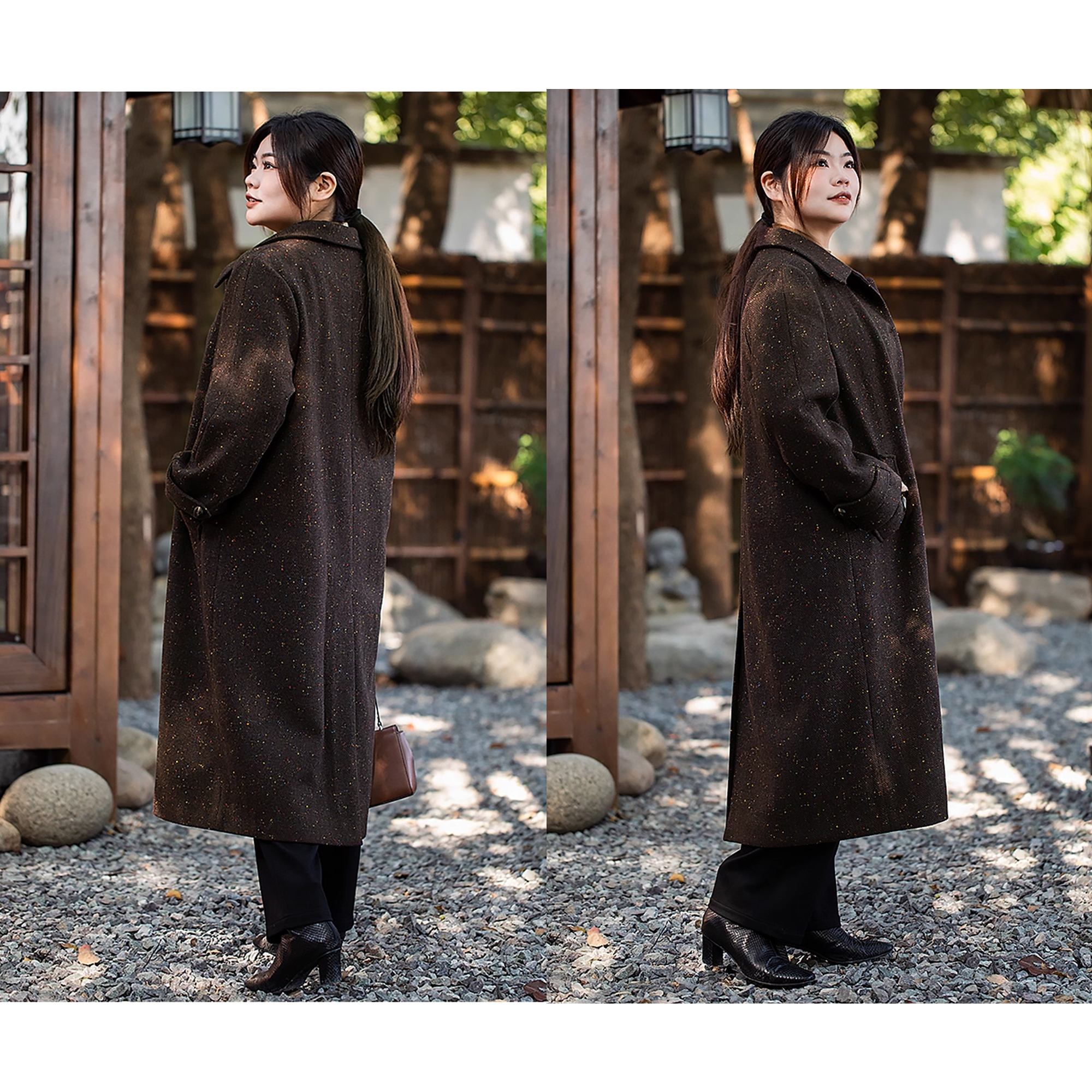 美丽客栈知识分子大衣胖mm大码冬新款翻领老钱风人字纹复古大衣女 - 图1