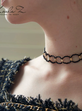 韩国东大门时尚小众黑色水晶串珠编织项链锁骨链高级气质百搭颈链