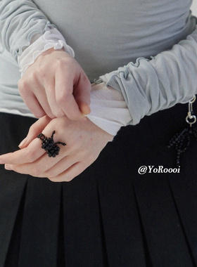 小众复古辣妹黑色编制蝴蝶结戒指串珠韩系ins指环