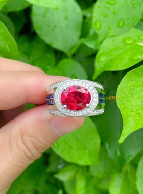 豪华围镶款培育鸽血红色合成蓝宝石铂金pt950活口调节彩宝戒指潮