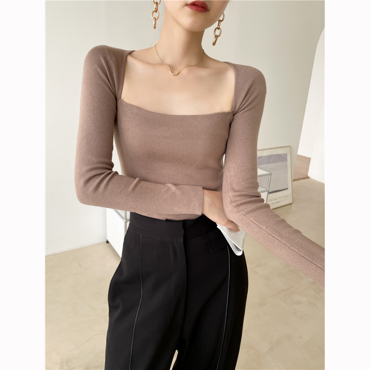 法式性感露锁骨方领针织衫女秋冬2025新款修身内搭毛衣打底衫上衣 - 图1