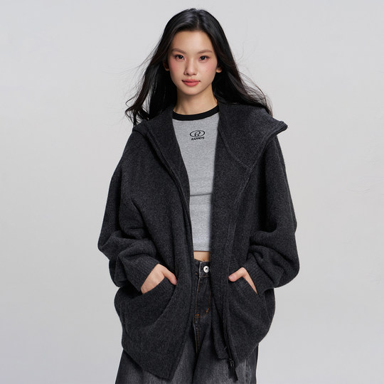 RAPPEYE 高级感百搭宽松慵懒连帽针织开衫上衣重磅斜拉链毛衣外套