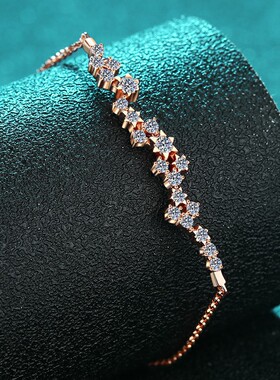 S925纯银莫桑石香槟金手链花枝手饰推拉环轻奢ins风时尚