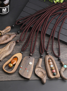 夸张个性民族风木质吊坠毛衣链女
