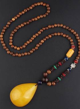 复古民族风项链仿蜜蜡吊坠毛衣链长款百搭大气衣服挂件配饰男女