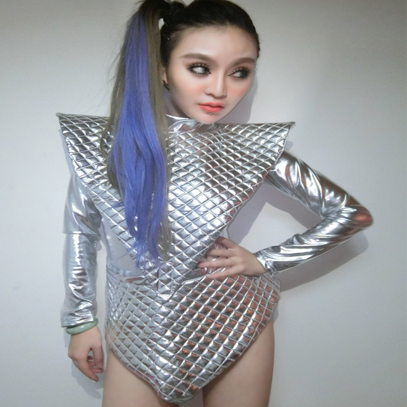 新款ds演出服女歌手爵士舞蹈服夜店dj舞台银色耸肩腰三件套封连体-图1