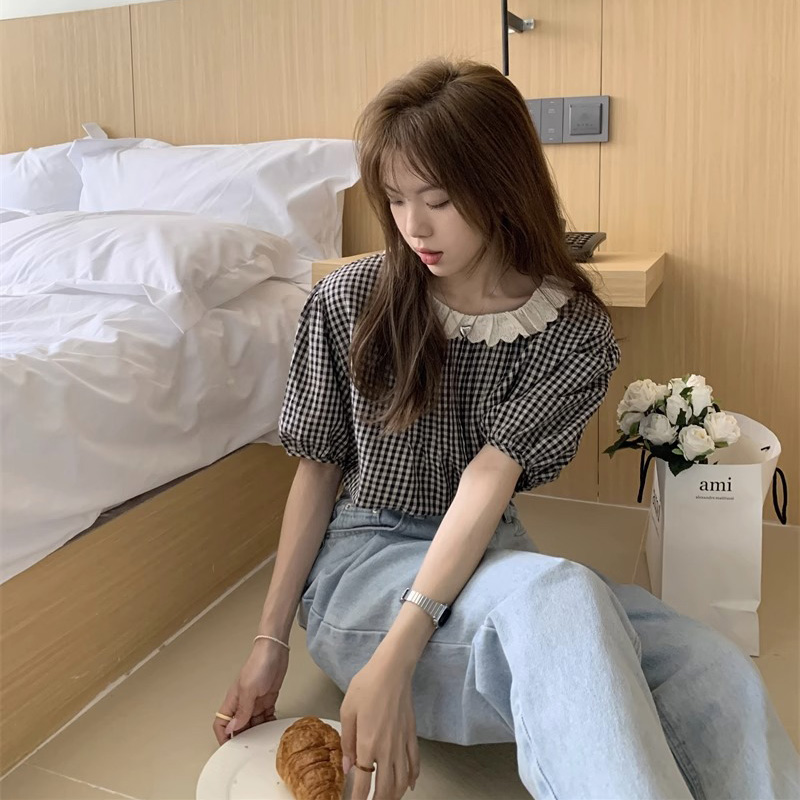 夏季女装批新款发减龄洋气蕾丝花边衬衣学生宽松短袖复古格子衬衫,淘宝优惠券,粉丝福利购,淘宝优惠卷