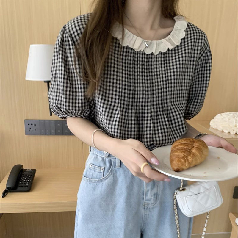夏季女装批新款发减龄洋气蕾丝花边衬衣学生宽松短袖复古格子衬衫,淘宝优惠券,粉丝福利购,淘宝优惠卷