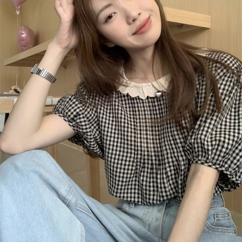 夏季女装批新款发减龄洋气蕾丝花边衬衣学生宽松短袖复古格子衬衫,淘宝优惠券,粉丝福利购,淘宝优惠卷