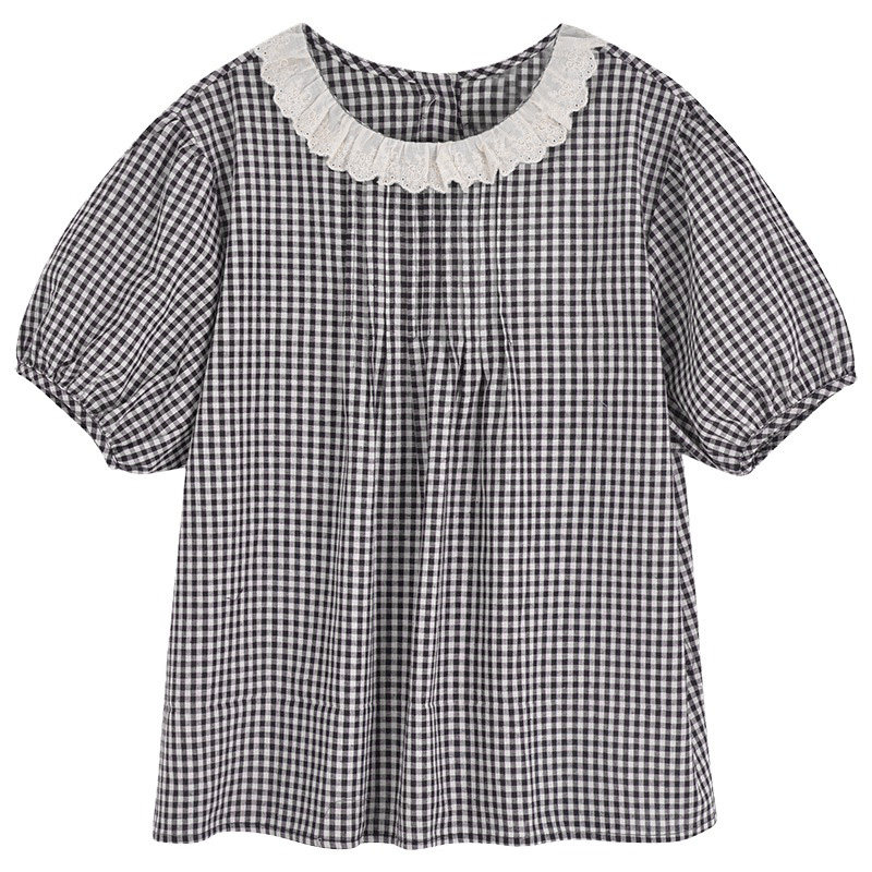 夏季女装批新款发减龄洋气蕾丝花边衬衣学生宽松短袖复古格子衬衫,淘宝优惠券,粉丝福利购,淘宝优惠卷