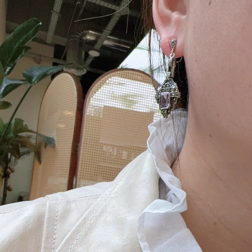 1920年代古董设计阿呆时期ArtDeco经典紫水晶银耳夹定制通体925银,淘宝优惠券,粉丝福利购,淘宝优惠卷