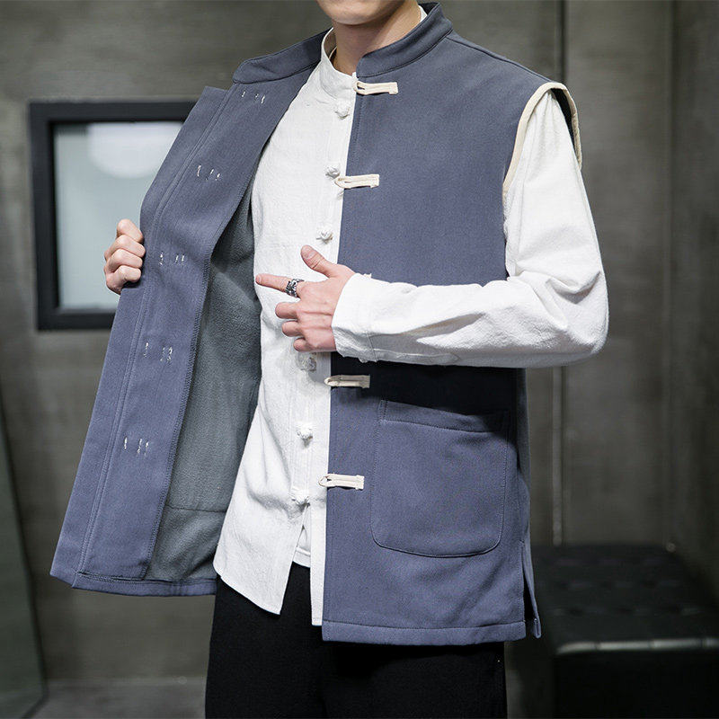 中国风秋冬棉麻休闲新款加绒加厚马甲男中式复古唐装背心-蓝,淘宝优惠券,粉丝福利购,淘宝优惠卷