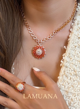 LAMUANA橘焰花火系列高级设计感橘调红色满钻項鍊耳釘戒指手链