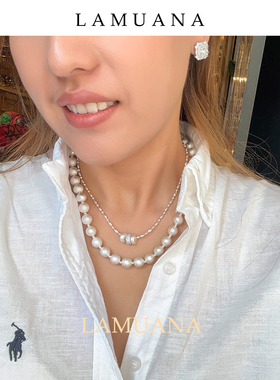 LAMUANA意式拉丝小银球跑环叠戴项链小众设计感银色颈链多层叠戴