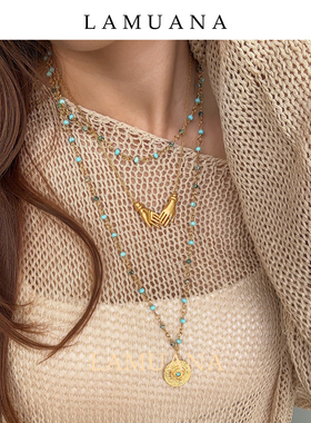LAMUANA守护之手金色串珠叠戴天然石项链小众设计感多层叠戴颈链