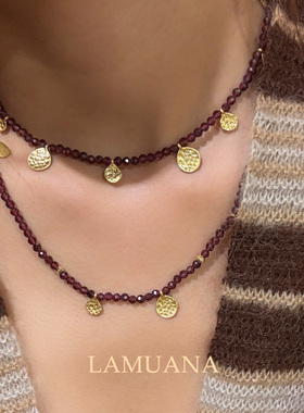 LAMUANA圆片紫石榴项链小众设计感天然石串珠颈链毛衣链多层叠戴