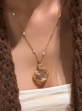 LAMUANA屁桃爱心白水晶项链轻奢系列银镀厚金设计感毛衣链91583