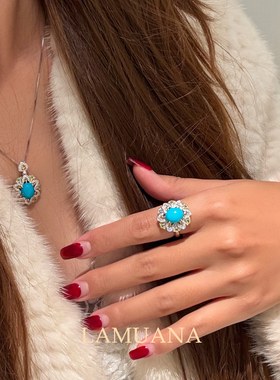 LAMUANA【天然彩宝】意式雕花天然松石项链S925蓝色吊坠礼物98674