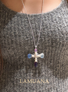 LAMUANA紫星光果冻十字架项链小众设计复古感银色彩石中长款95864