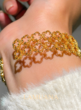 LAMUANA四叶花粉蝴蝶系列复古金色花朵镂空手镯戒指套装礼物12356