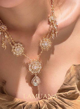 LAMUANA鎏金花扇系列复古奢华感满钻流苏项链锁骨链礼物女98179