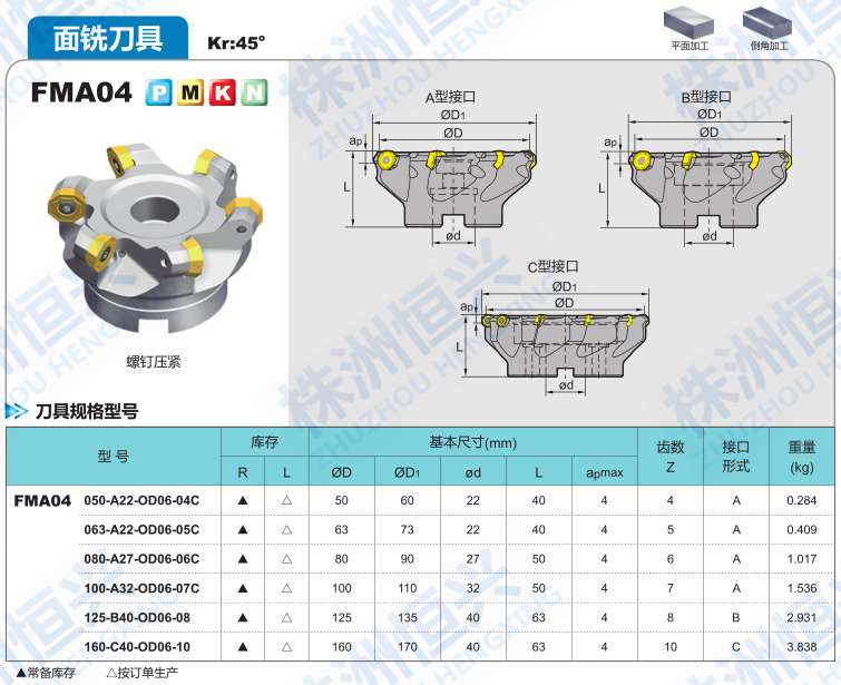 FMA04-063-A22-OD06-05C 株洲钻石45度面铣刀盘 平面倒角螺钉压紧 - 图0