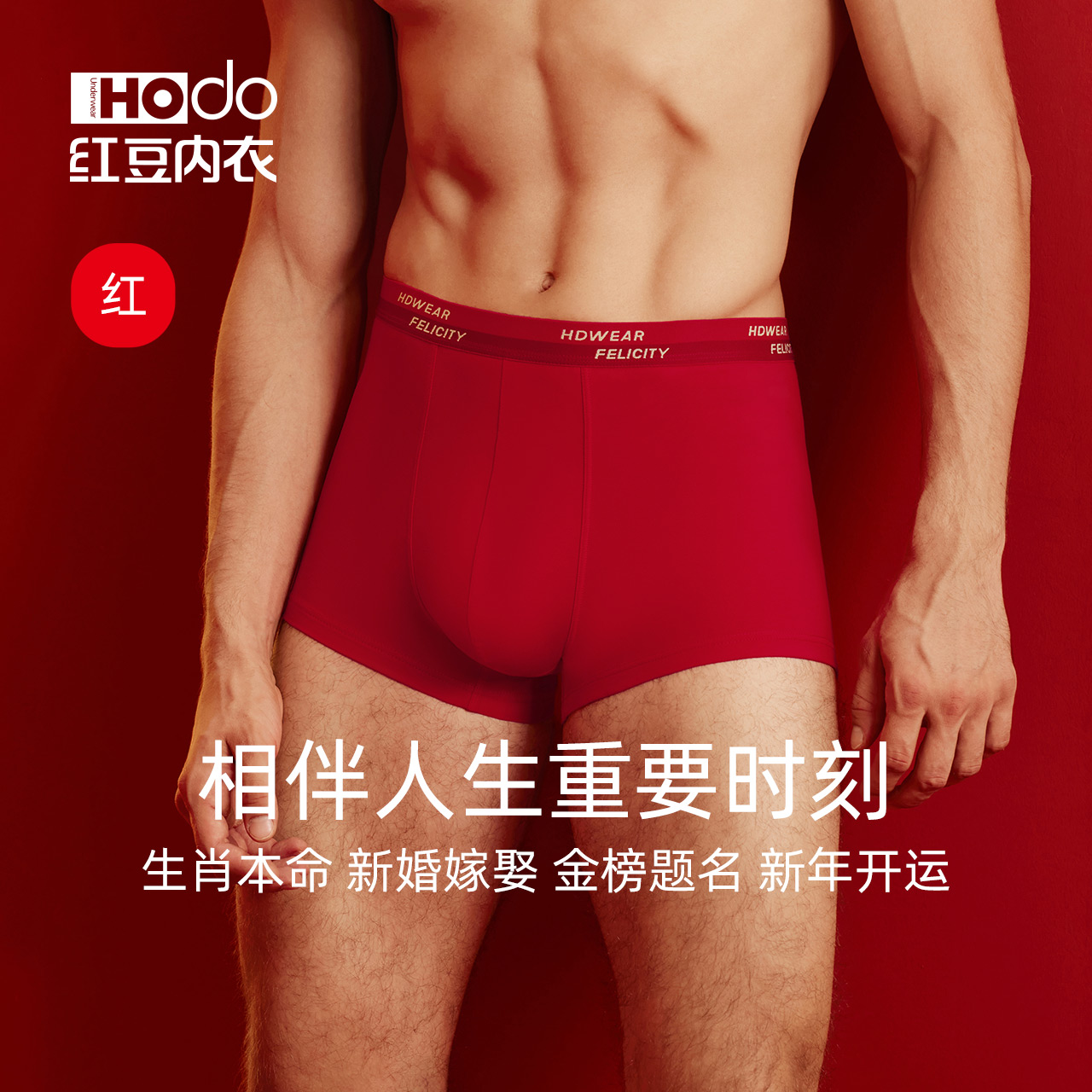 红豆男士内裤纯棉裆2025蛇本命年大红色结婚礼物袜子平角短裤礼盒