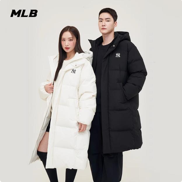 MLB情侣羽绒服男女NY连帽长款运动休闲鸭绒棉羽外套3ADJB1846 - 图1
