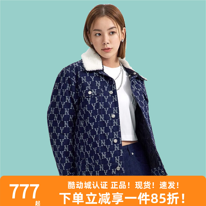 MLB外套2022秋冬新款NY满印复古老花情侣款夹棉牛仔夹克3ADKM0124 - 图0