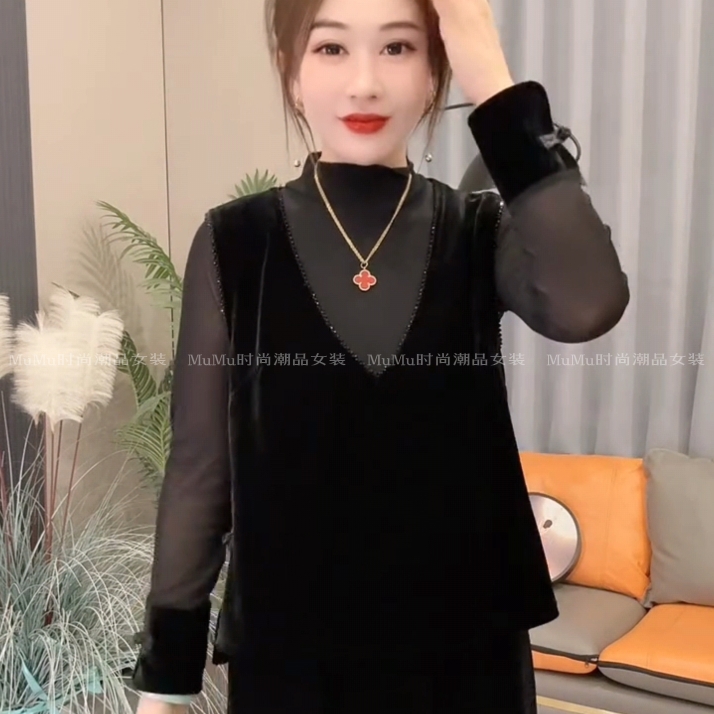 春秋款重工串珠黑色丝绒马夹外套女V领套头马甲坎肩背心宽松遮肉 - 图3