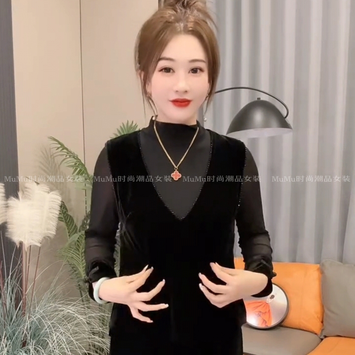 春秋款重工串珠黑色丝绒马夹外套女V领套头马甲坎肩背心宽松遮肉 - 图0