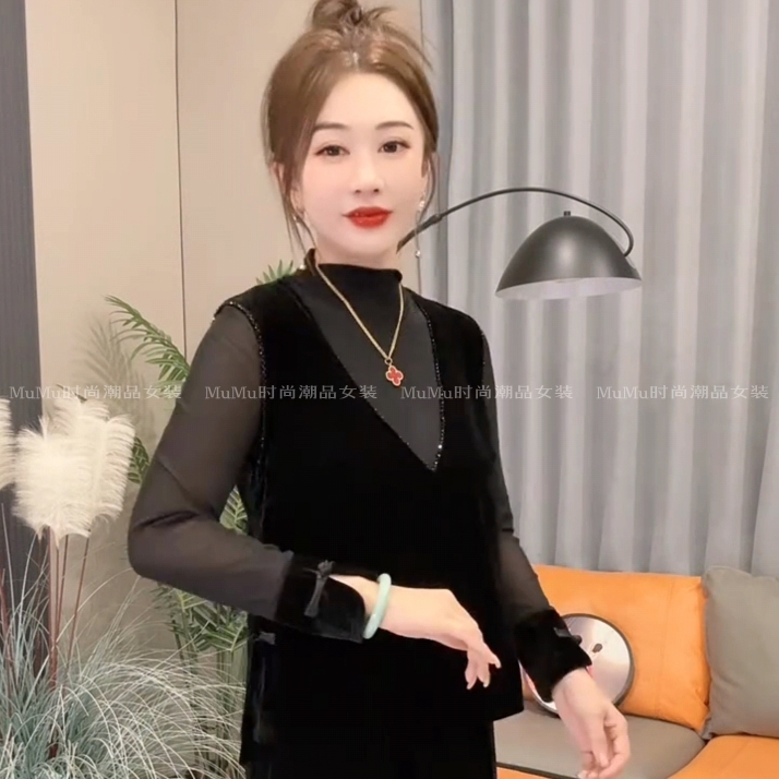 春秋款重工串珠黑色丝绒马夹外套女V领套头马甲坎肩背心宽松遮肉 - 图2