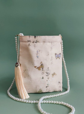 森系新品唐宋汉古风包小方包搭配汉服流苏包斜挎蝴蝶元素珍珠包