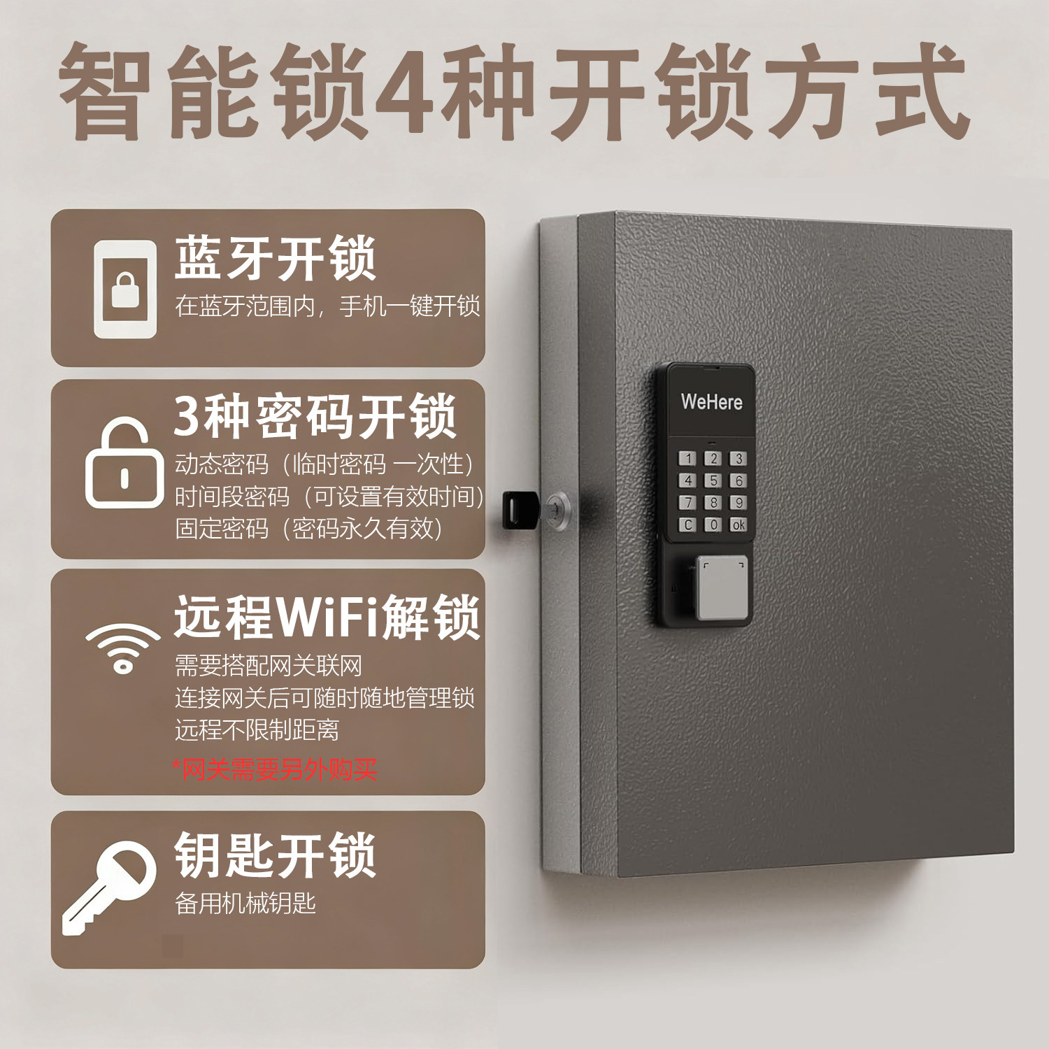 WeHere智能壁挂钥匙箱远程授权开锁蓝牙动态密码开锁公司钥匙管理