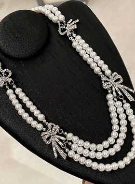 复古vintage法式多层珍珠镶钻蝴蝶结项链多层次锁骨链中古毛衣链