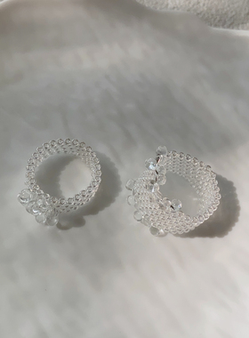 HUYA手作透明串珠戒指女清冷感小众设计感百搭编织气质手工戒指女