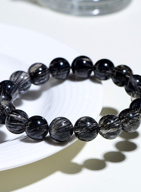 盖亚回声 天然顺发黑发晶圆珠手链 黑色发晶顺发散珠手串
