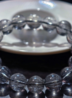 盖亚回声天然7A级顺发黑发晶手链13mm 黑色发晶水晶手串定制款