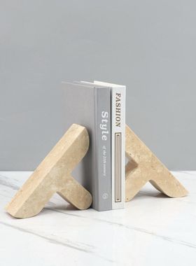 极简侘寂风天然黄洞石人字型书档书立装饰摆件书柜客厅家居装饰品