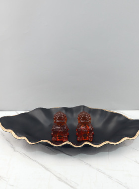 现代简约黑色描金叶子树脂装饰托盘置物盘客厅玄关电视柜