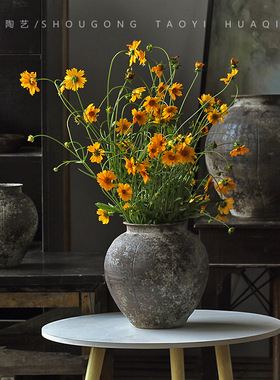 复古寂风会所室内花瓶民宿摆件酒店家居陶瓷花瓶侘禅意粗陶陶罐